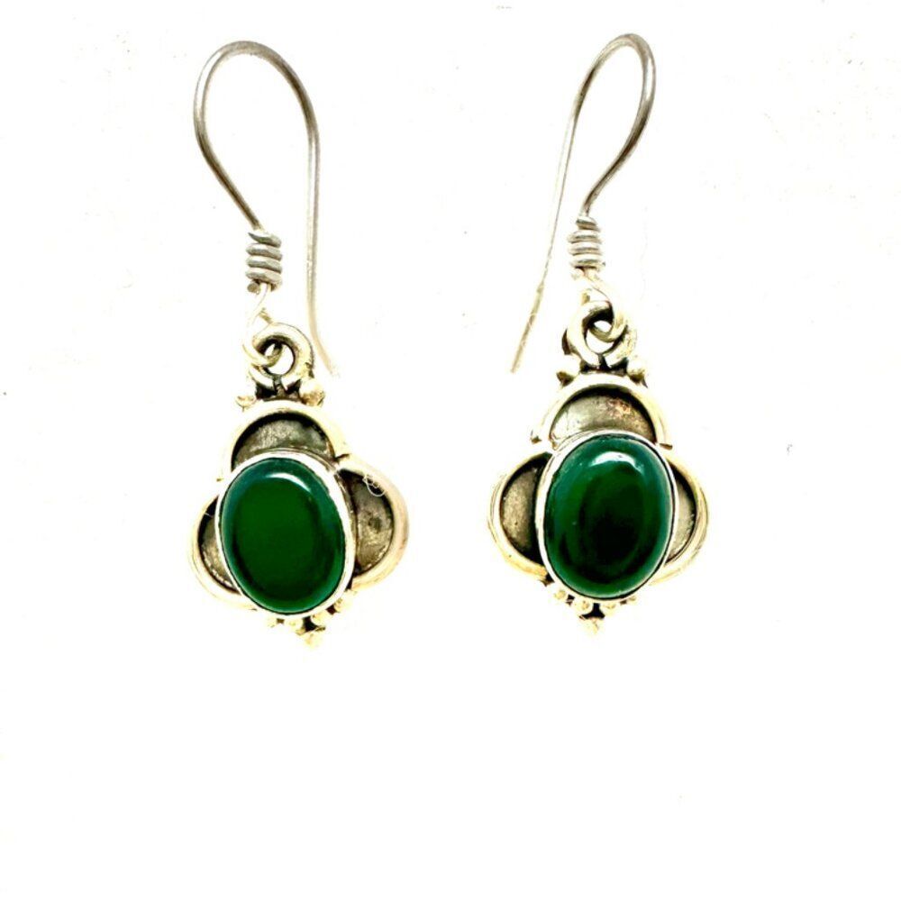 Green Chalcedony Balinese tribal sterling silver drop earrings